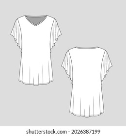 Womens Fashion Ruffles sleeve v neck tunic top flat sketch technical drawing vector design