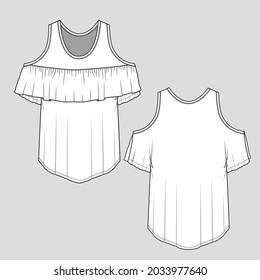 Womens  fashion ruffles tanktop flat sketch technical drawing template design vector