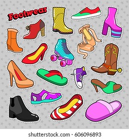 Womens Fashion Shoes and Boots Set for Stickers, Patches. Vector doodle