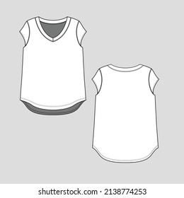 Womens Fashion V Neck T Shirt Top High Low Dip Hem Flat Sketch Technical Drawing Template Design Vector