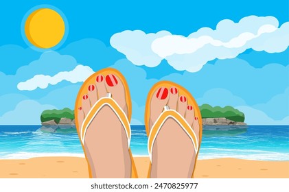 Womens feet in flip flops. Landscape of beach with islands. Sun with reflection in water and clouds. Day in tropical place. Vacation and holidays. Vector illustration in flat style