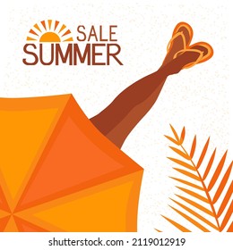 Women's feet in flip-flops. A woman lies under an umbrella. Top view. Banner summer sale. Color vector drawing in flat style