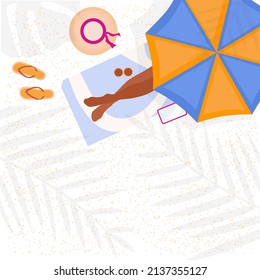 Women's feet in flip-flops. A woman lies under an umbrella. Top view. Banner, template. Vector drawing in a flat style.