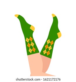 women's feet in green socks on a white background. vector flat illustration.