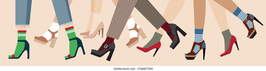 los pies de las mujeres en zapatos de tacón alto con calcetines. un dibujo al estilo de las caricaturas . ilustración vectorial de stock. EPS 10.