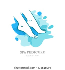 Womens feet on water splash background. Vector logo, label, emblem design elements. Abstract design concept for beauty salon, spa pedicure, cosmetic, organic care. Isolated illustration.