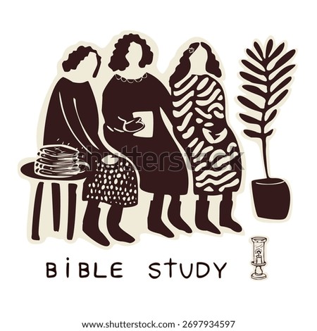 Women's fellowship Bible study group icon. Hand drawn vector motif. Faith based christian religion illustration. Women holding bibles, sitting spiritual community chairs. Contemplative prayer circle