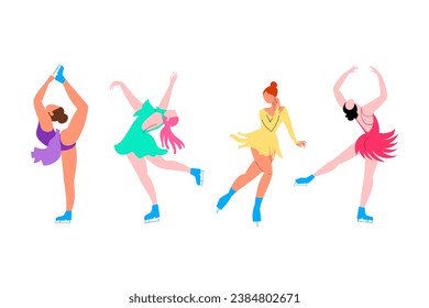 Women's figure skating vector illustration. Four girls figure skaters.