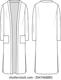 Cardigan de la larga línea del ancho de banda fino de las mujeres. Ilustración técnica de moda cardigana. Funda plana de cardigan en la parte delantera y trasera, color blanco. Burla de CAD de mujeres.