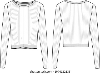 Women's Fine Rib, Crop, Crew Neck Sweater-Knit Sweater- Sweater technical fashion illustration. Flat apparel sweater template front and back, white colour. Women's CAD mock-up.