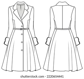 Women's  fit and flare coat dress design with lapel collar flat sketch fashion illustration with front and back view