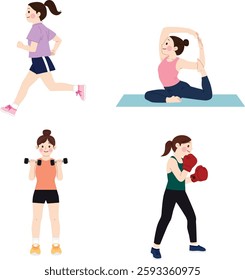 Women's Fitness Activities, running, yoga, dumbbell, boxing