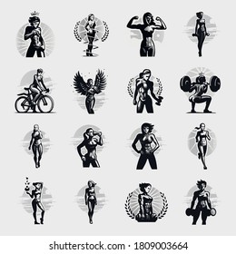 Women's fitness collection. Various poses and sports. Dumbbells, kettlebells, barbell, running, bike. Women with a beautiful athletic figure.