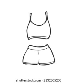 Women's fitness outfit. Bra top, shorts. For sports activities. Vector illustration hand-drawn. Doodle style.