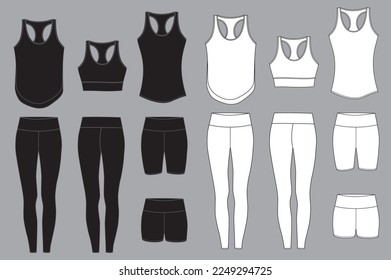 Women's Fitness Wear Athleisure Vests Bra Leggings Shirts Sports Template Illustration Vector black and white front and back