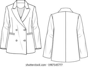 Chaqueta de Blazer con aire acondicionado para mujeres. Ilustración técnica de la chaqueta. Plantilla de la chaqueta de ropa plana en la parte delantera y trasera, color blanco. Burla de CAD de mujeres.