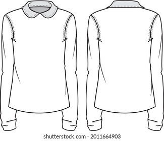 Women's Fitted Jumper With Collar. Jumper technical fashion illustration. Flat apparel jumper template front and back, white colour. Women's CAD mock-up.