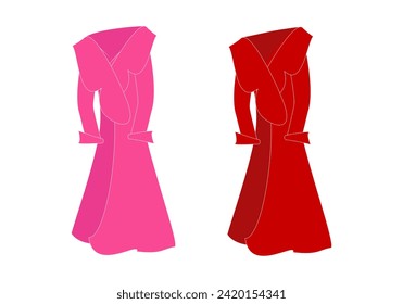 Women's fitted long elegant wrap coats with turn-down collar in pink and red. Demi-season outerwear for women. Colored vector illustration