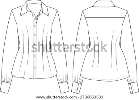 Women's Fitted Long Sleeve Blouse Technical Flat Sketch, Button-Down Shirt Template with Darts Front and Back View