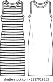 Women's Fitted Mini Dress. Technical fashion illustration. Front , striped and white color. Women's CAD mock-up.	