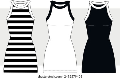 Women's Fitted striped Mini Dress. Technical fashion illustration. black and white striped dress. Tank Top Dress technical fashion illustration, striped design. 