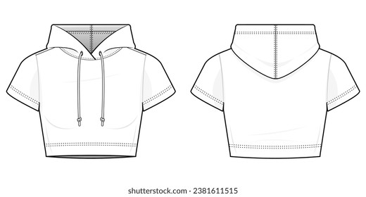 Ilustración técnica de moda con capucha de camiseta acondicionada para mujeres. ilustración de la plantilla del vector de la camiseta de la manga corta. vista frontal y posterior. Manga corta. color blanco. Juego de simulación de CAD.