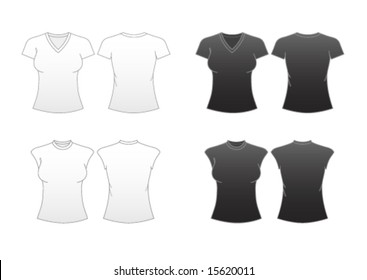 Women's Fitted T-shirt Templates Series 2-V-necked and Capped Sleeve Tees featuring back and front in dark and light versions