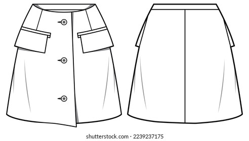 Women's Flap pocket button front mini Skirt flat sketch fashion illustration drawing with front and back view