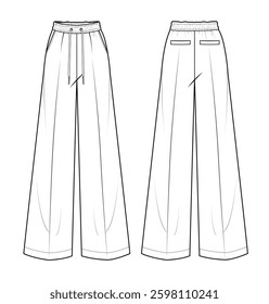 Women's flare leg trouser vector mockup template technical flat design.