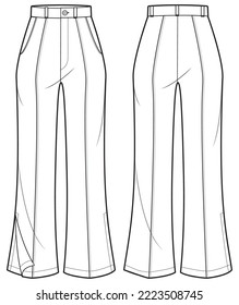 Women's flare pants  trouser flat sketch fashion illustration front and back view, Wide leg boot cut pant design