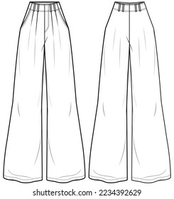 Women's flare pants  trouser flat sketch fashion illustration drawing front and back view, Wide leg boot cut pant design