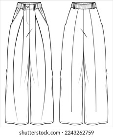 Women's flare pants  trouser flat sketch fashion illustration drawing front and back view, Wide leg boot cut pant design