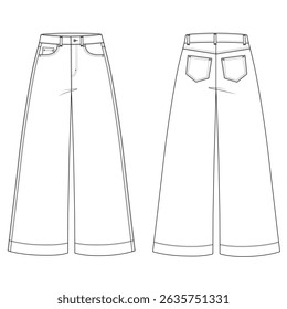 Women's Flared Pants – Fashion Illustration, Vector CAD, Technical Flat Drawing, Mockup Template Design Sketch