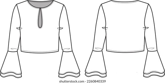 Women's Flared Sleeve, Keyhole Blouse. Technical fashion illustration. Front and back, white color. Women CAD mock-up.