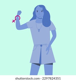 Women's flat art design in blue character in the Women Health concept. Vector illustration.