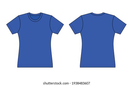 Women's Flat Blue T-Shirt Template Vector On Gray Background.Front And Back View.