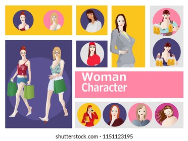 Women's flat icons in set collection for design. Collection of vector female avatars for an account in social networks. Women's flat icons VECTOR illustration.