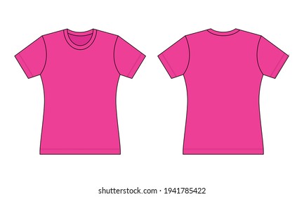 Women's Flat Pink T-Shirt Template Vector On Gray Background.Front And Back View.