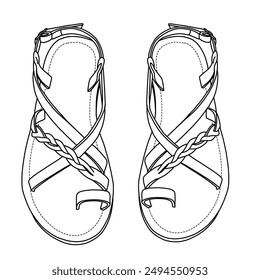 Women's Flat Sandals - Casual Cute Criss Cross Strappy Flat Summer Shoes Line art, Technical sketch hand drawing outline vector doodle illustration isolated on white background