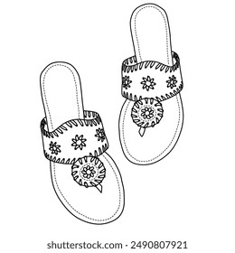 Women's Flat Sandals Flip Flop Sandals Line art, Technical sketch hand drawing outline vector doodle illustration isolated on white background