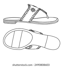 Women's Flat Sandals Flip Flop Sandals Line art, Technical sketch hand drawing, side and bottom view, outline vector doodle illustration isolated on white background