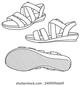 Women's flat sandals. Stylish elegant flat sole open toe footwear. Vector illustration, isolated on a white background.