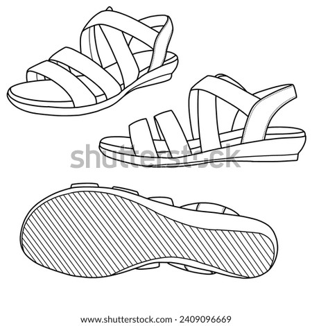 Women's flat sandals. Stylish elegant flat sole open toe footwear. Vector illustration, isolated on a white background.