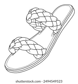 Women's Flat Slides Sandals, Round Open Toe Braided Strap Slippers Comfortable Casual Summer Beach Line art, Technical sketch hand drawing outline vector doodle illustration isolated on white