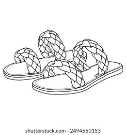 Women's Flat Slides Sandals, Round Open Toe Braided Strap Slippers Comfortable Casual Summer Beach Line art, Technical sketch hand drawing outline vector doodle illustration isolated on white