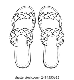 Women's Flat Slides Sandals, Round Open Toe Braided Strap Slippers Comfortable Casual Summer Beach Line art, Technical sketch hand drawing outline vector doodle illustration isolated on white