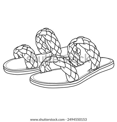 Women's Flat Slides Sandals, Round Open Toe Braided Strap Slippers Comfortable Casual Summer Beach Line art, Technical sketch hand drawing outline vector doodle illustration isolated on white