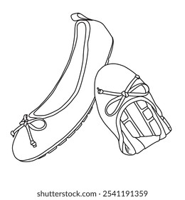 Zapatos planos de las mujeres, zapatos plegables del ballet del dedo del pie redondo Zapatos sin cordones de la línea del arte, bosquejo técnico dibujando a mano el contorno del Vector doodle ilustración vista lateral e inferior aislada en el fondo blanco