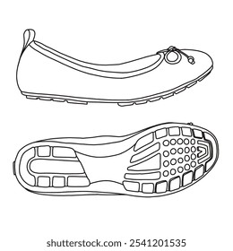 Zapatos planos de las mujeres, zapatos plegables del ballet del dedo del pie redondo Zapatos sin cordones de la línea del arte, bosquejo técnico dibujando a mano el contorno del Vector doodle ilustración vista lateral e inferior aislada en el fondo blanco