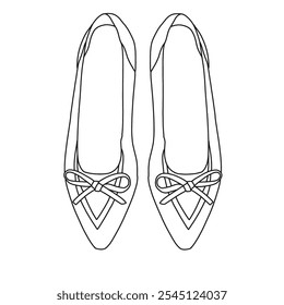 Zapatos de ballet de punto de arco de dedo del pie puntiagudo de las mujeres Cómodo resbalón de malla elegante en el arte de línea plana, bosquejo técnico dibujando a mano contorno Vector doodle ilustración vista superior aislado sobre fondo blanco